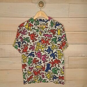 Graffiti Pop Retro 80s Keith Haring Camp Shirt Medium Button Down Tribal Summer